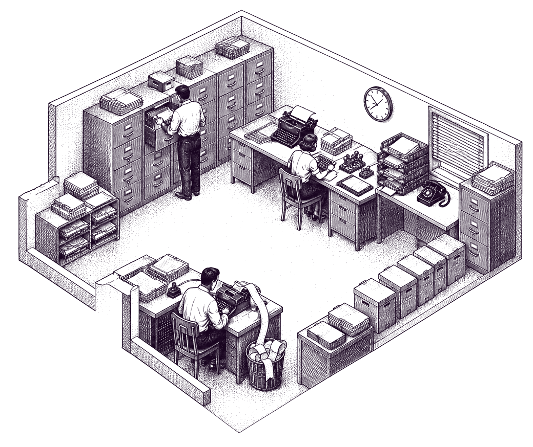 Engraving of an old-school back office seen from above: a clerk pulling files from steel cabinets, a typist at her desk, a bookkeeper at an adding machine spilling paper tape, stamps, trays and rows of archive boxes.