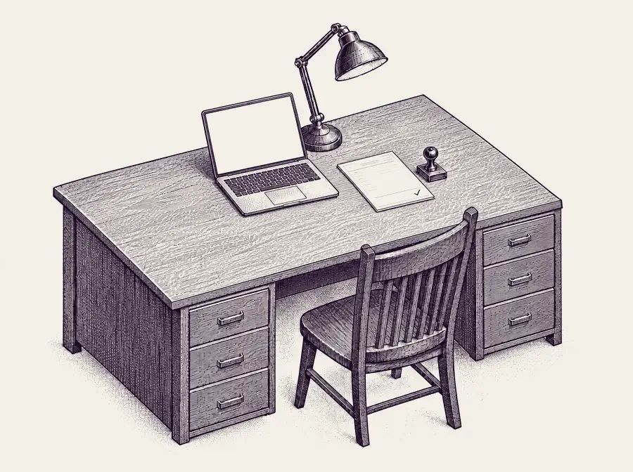 The same desk, AI-native: a slim laptop running an AI agent, the drawer closed, and one reviewed claim sheet beside the stamp.