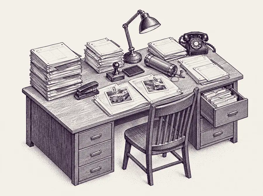 Claims desk today: towering stacks of triplicate forms, a rubber stamp, a pneumatic tube, damage photos clipped to a file and a drawer stuffed with case folders.