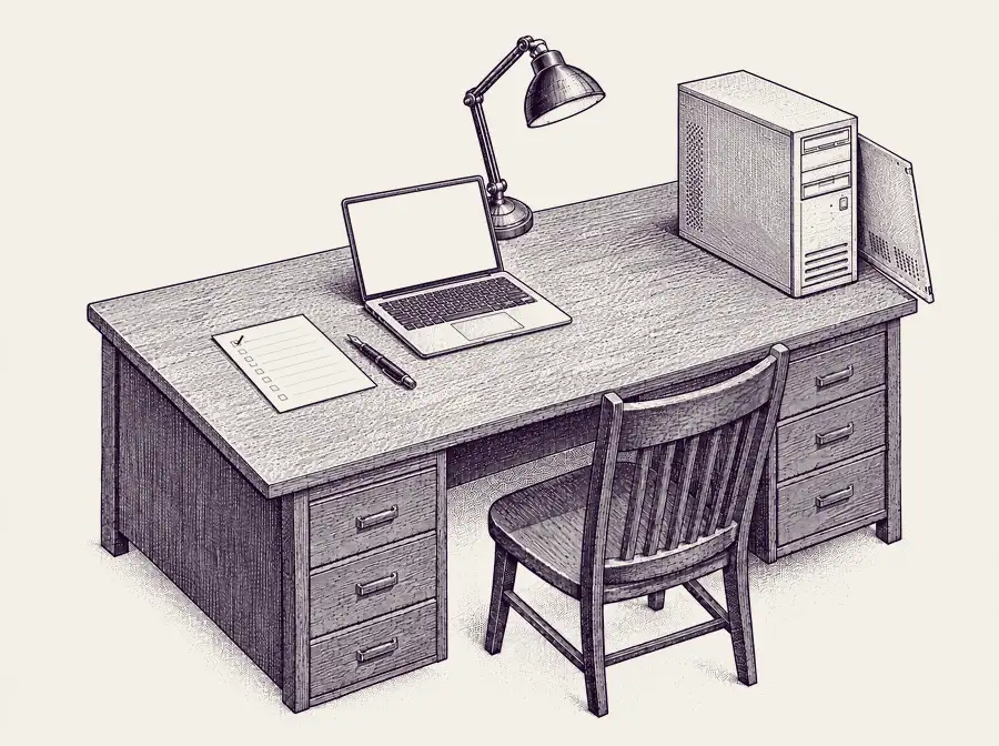 The same desk, AI-native: the tower closed, a slim laptop running an AI agent, and one checklist ready for review.
