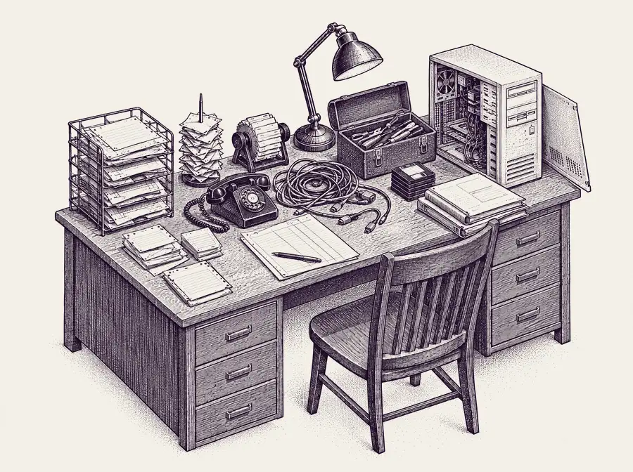 IT help desk today: a rack of paper tickets, a rolodex, a rotary phone, tangled cables, an open toolbox and a computer tower with its panel off.