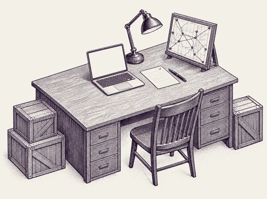 The same desk, AI-native: a slim laptop running an AI agent, the crates sealed, and one delivery sheet ready to sign.