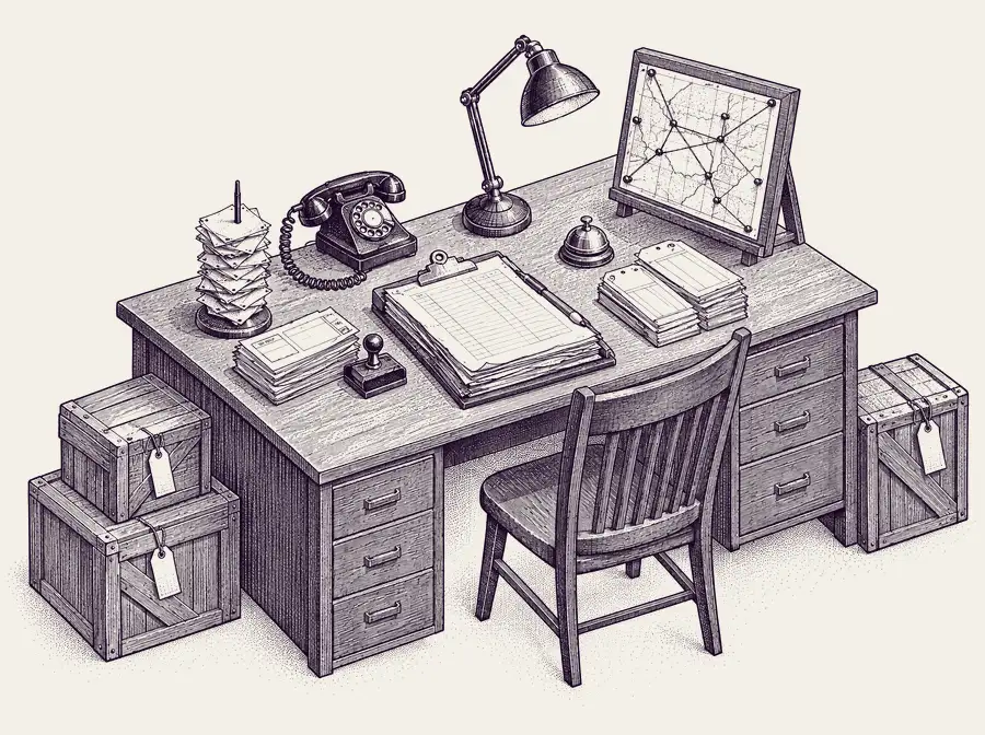 Dispatch desk today: a clipboard thick with waybills, a rotary phone, a spindle of receipts, a pinned route map and tagged crates.