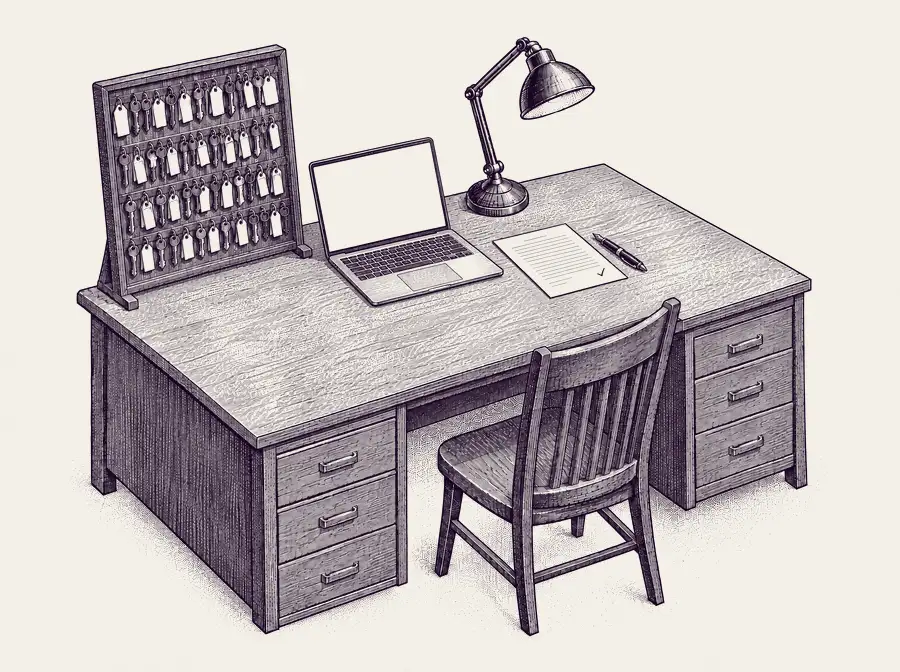 The same desk, AI-native: the key board stays, a slim laptop runs an AI agent, and one signed lease waits beside a fountain pen.